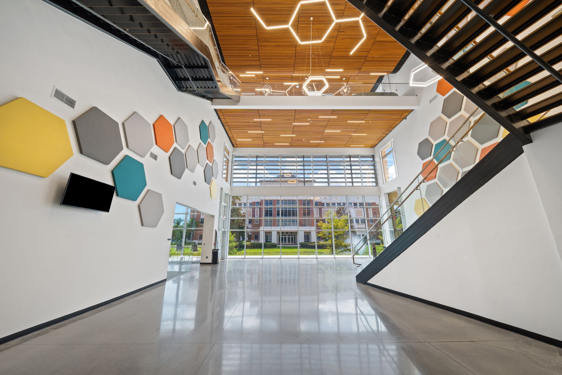 View from under the staircase in a lobby